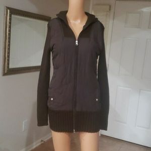 Takeout S mixed media ribbed knit button pockets zip up turtleneck jacket